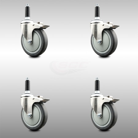 Service Caster 5 Inch 316SS Thermoplastic Rubber Swivel 3/4 Inch Stem Caster Set Lock Brake SCC-SS316TTLEX20S514-TPRB-34-4